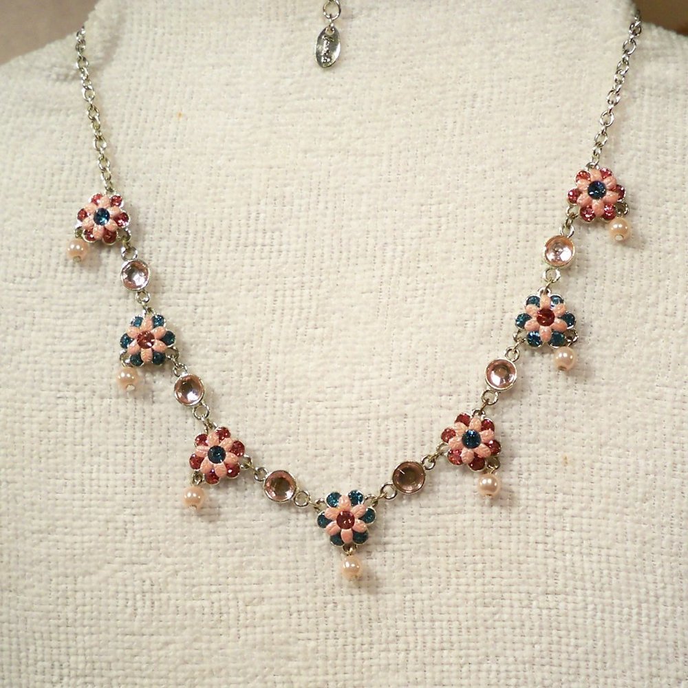 NEW Jennie B Turquoise, Pink Flower Silver Necklace
